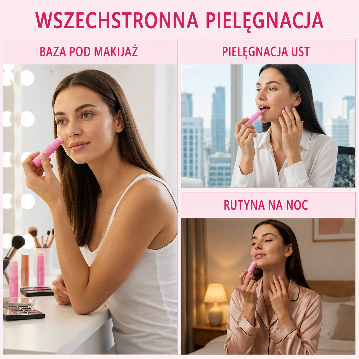 Różowy sztyft kolagenowy multi-volume – balsam przeciwstarzeniowy, ujędrniający, przeciwzmarszczkowy na okolice oczu, szyi, czoła i linie uśmiechu