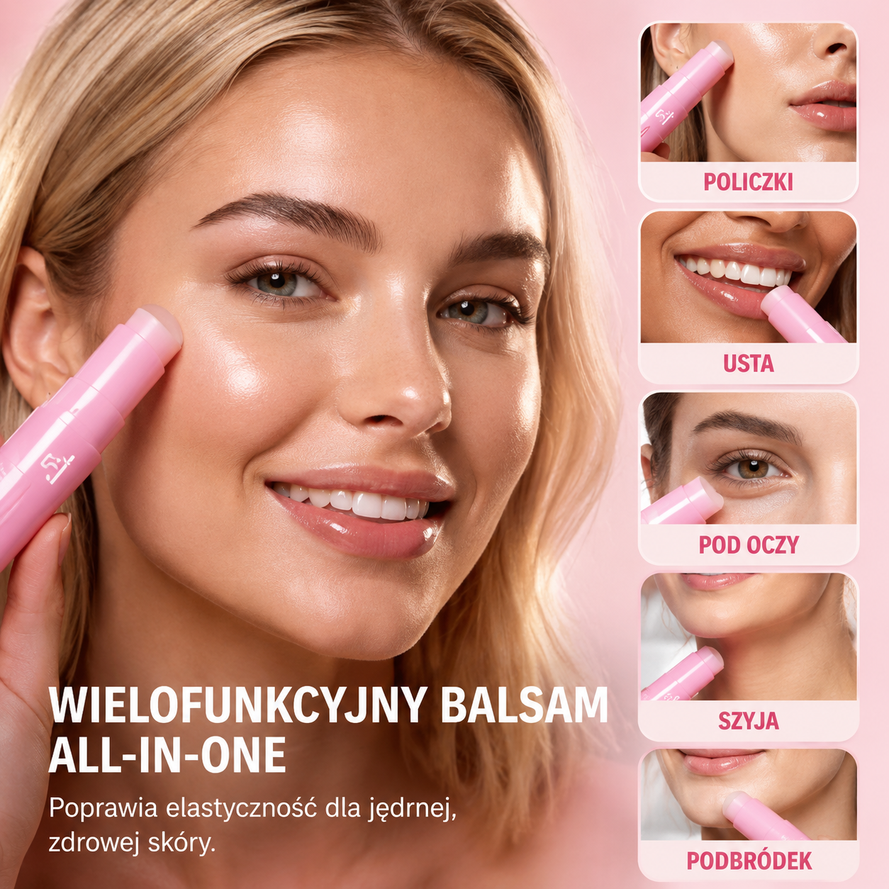 Różowy sztyft kolagenowy multi-volume – balsam przeciwstarzeniowy, ujędrniający, przeciwzmarszczkowy na okolice oczu, szyi, czoła i linie uśmiechu